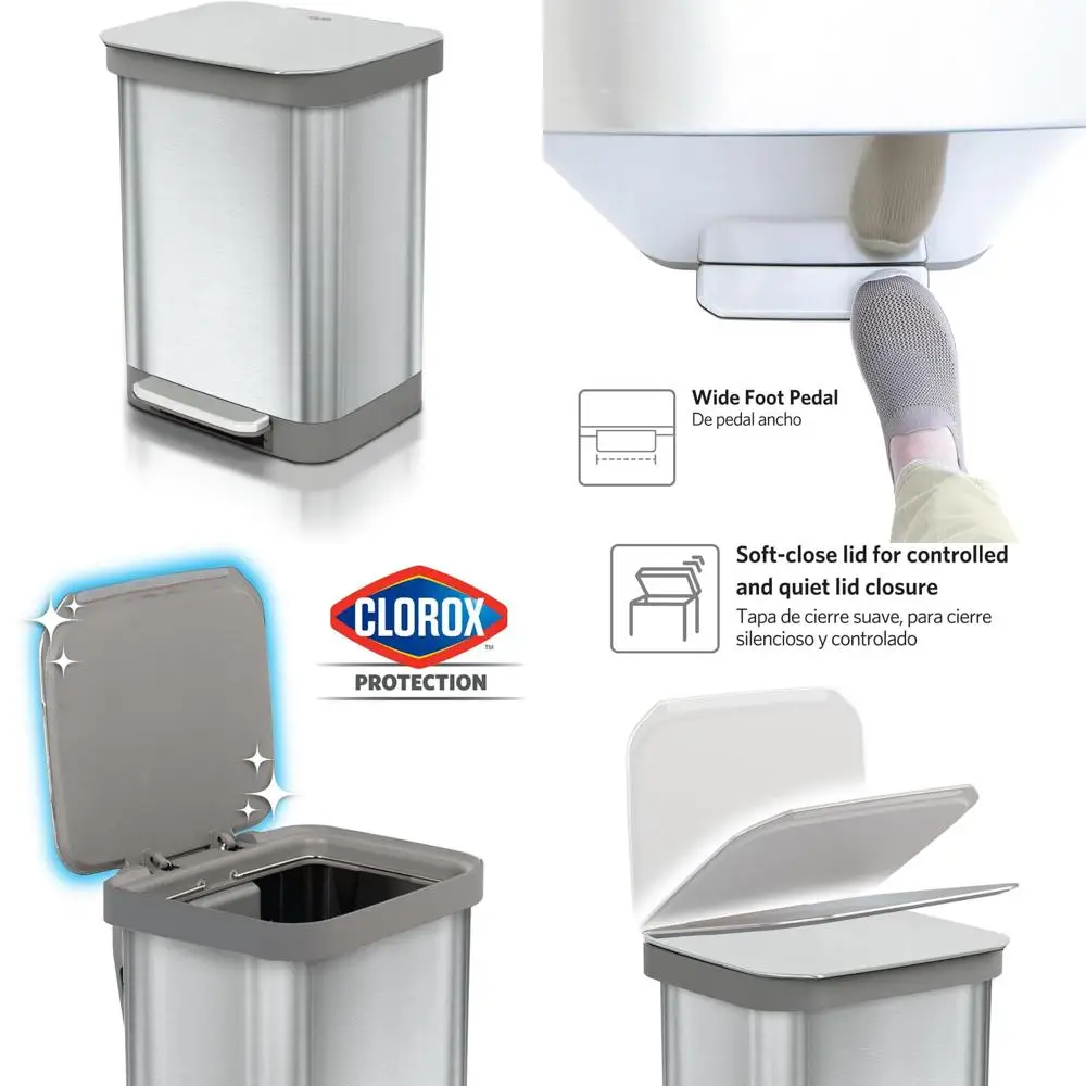 

Большой кухонный мусорный бак из нержавеющей стали с мягкой крышкой и ножной педалью для простого использования