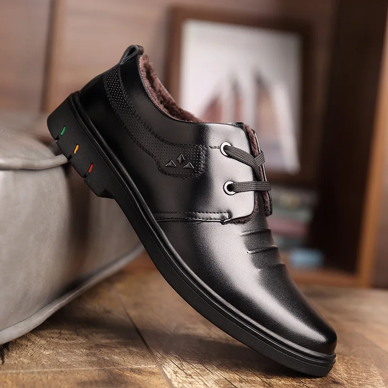 New 2023 Winter Shoes Men Genuine Leather Warm Plush Footwear Cold Winter Mens Casual Shoes Black Brown Business Footwear KA2908