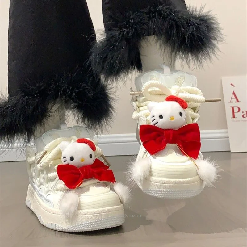 Sanrio Hello Kitty nowa estetyczna buty deskorolkowe Y2k japonia koreańska uniwersalna gruba podeszwa bawełniana buty na co dzień słodkie trampki