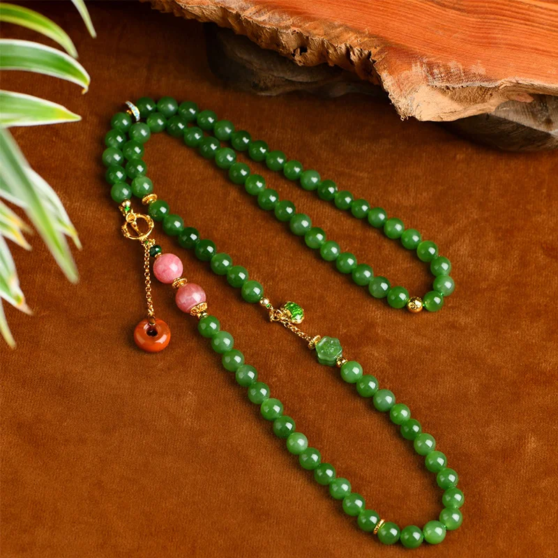 

Natural Hetian Jade Jadeite Necklace Spinach Green8mmRound Bead Jade Elegant High-end Long Sweater Chain Pendant for Women