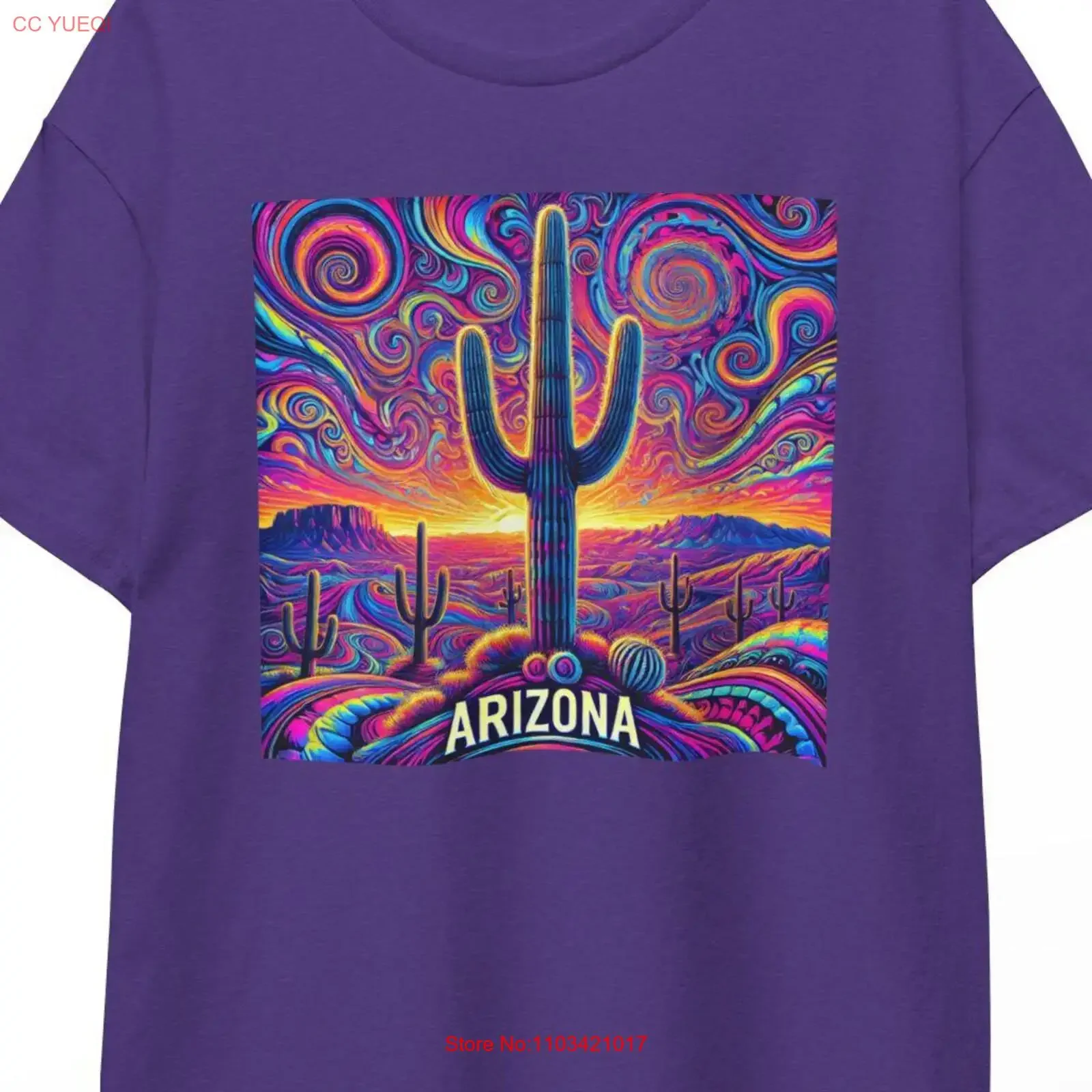 Camiseta de Arizona con Diseño Psicodélico de Cactus del Desierto, Arte Vibrante de Atardecer Colorido con Saguaros, Souvenir del Suroeste, Tucson, Phoenix, Estilo Vintage