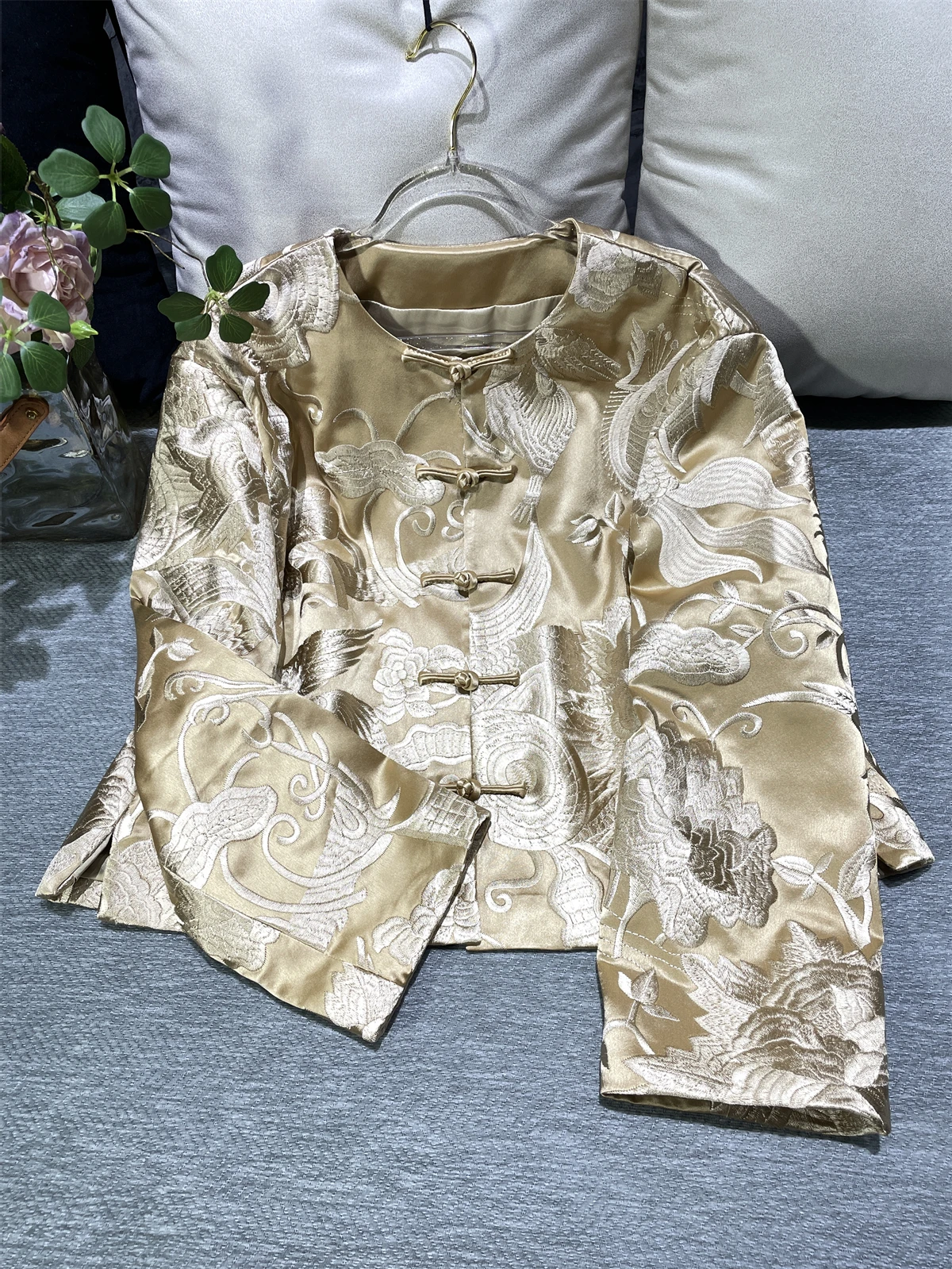 

New Chinese Sle Heavy Embroidery Acetate Fabric Jaet Top Old Money Sle Luxury Feel Long Sve round Ne Loose Fit