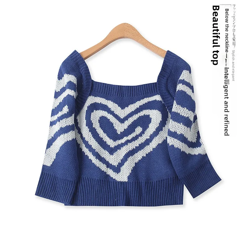 سترة محبوكة أنيقة مع تطريز، تصميم ربيعي جديد للنساء، ياقة مربعة قصيرة، أكمام طائرة، سترة بتصميم قلب #5