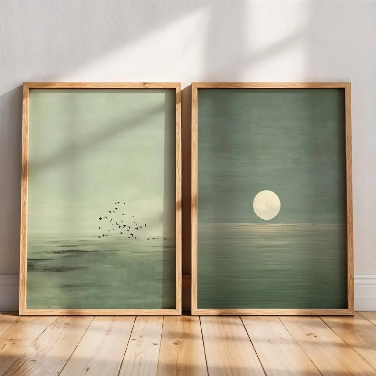 2-teiliges Set Japanische Salbeigrüne Abstrakte Leinwanddrucke Poster Moderner Minimalismus Mond-Kunstdrucke Schlafzimmer Wandkunst Heim-Dekor Poster