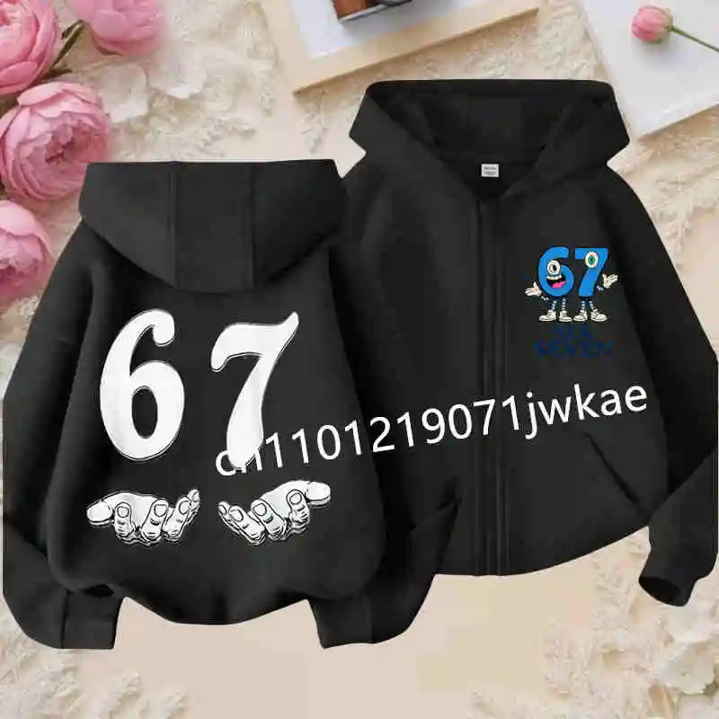 Sell Well Six Seven Print Zip Hoodie for Boys and Girls Long Sleeve Casual Streetwear Style Fun Children's Clothing Trend, 67
