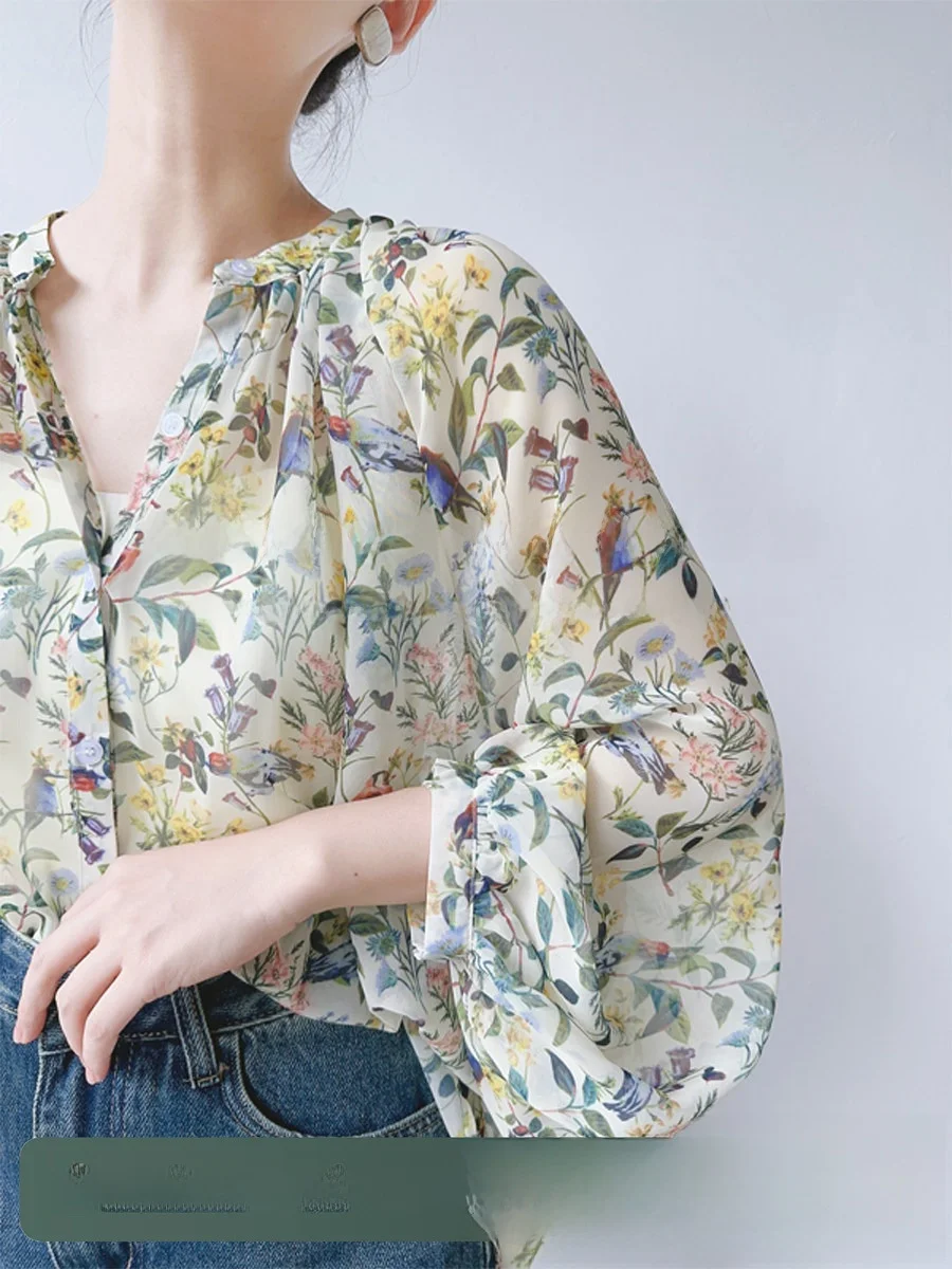 

Романтический шифоновый топ с цветочным принтом для защиты от солнца, свободный крой, рукава-фонарики, красивый маленький топ для женщин