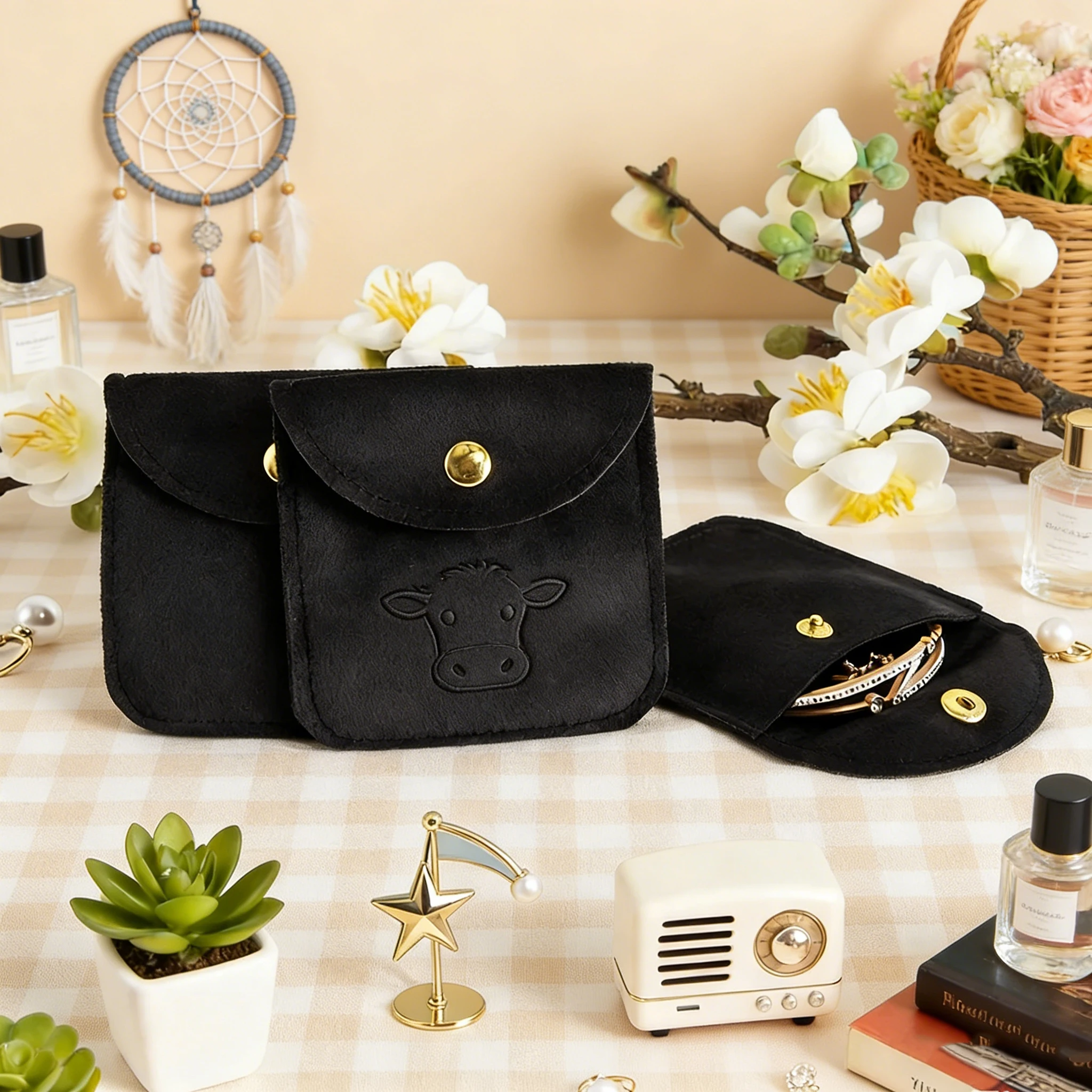 

Black Velvet Button Jewelry Packaging Storage Bag Earrings Necklace Bracelet Bracelet Rings Play Flannelette Jewellery Organizer