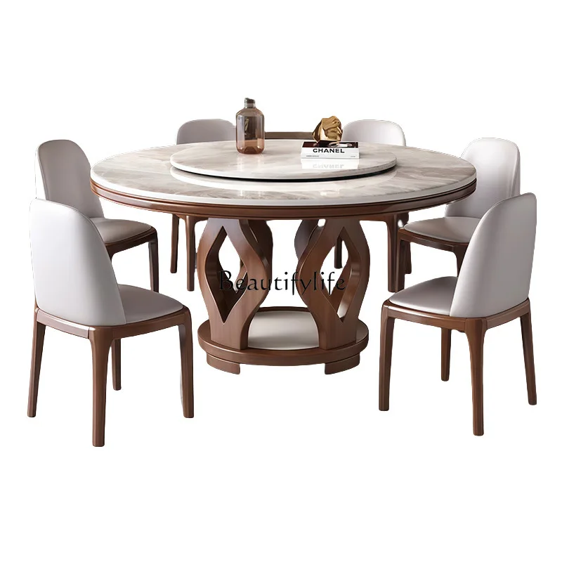 

Rock slab dining table and chair combination modern simple light luxury solid wood hotel large round table with turntable