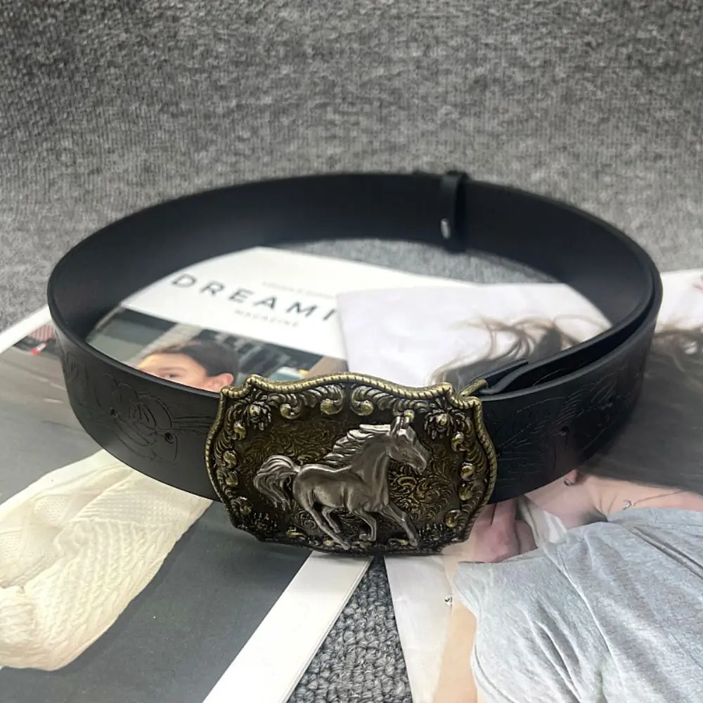 Women Man Y2K Punk Rock Belt Hip Hop Harajuku Horse Head Buckle Belt Leather Embossed Belt