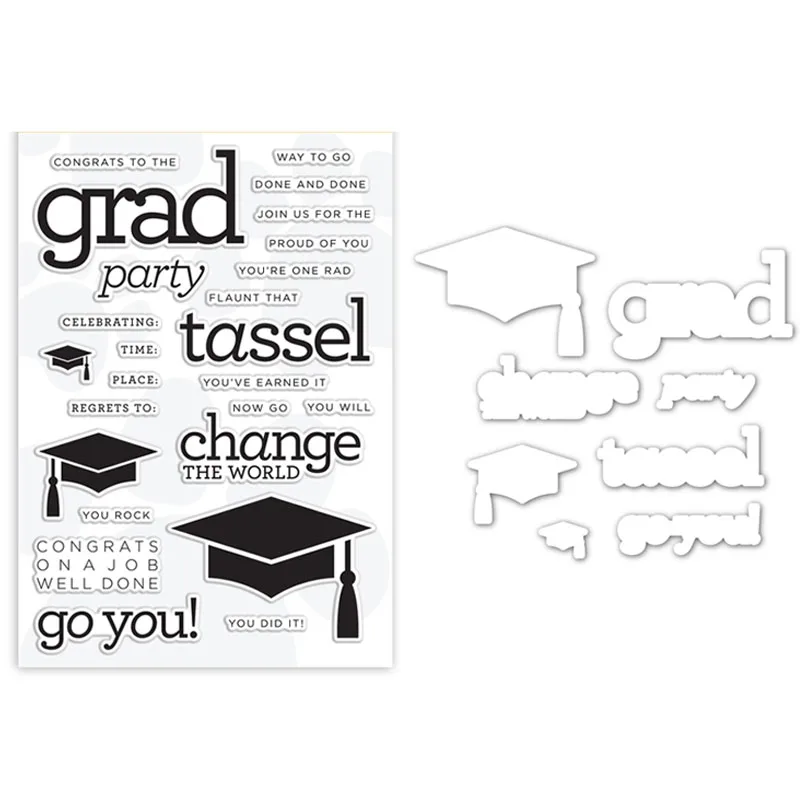 

Grad Party Clear Stamps and Metal Cutting Dies Grad Greeting Bachelor's Cap Stamps for Diy Scrapbooking Card Making Crafts 09