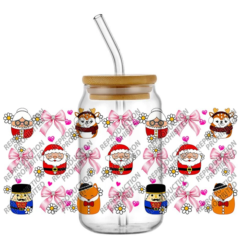 

New Product Christmas cute patterns Waterproof DIY Decals 3D Transfers Stickers 16oz UV DTF for Glasses cup Wraps