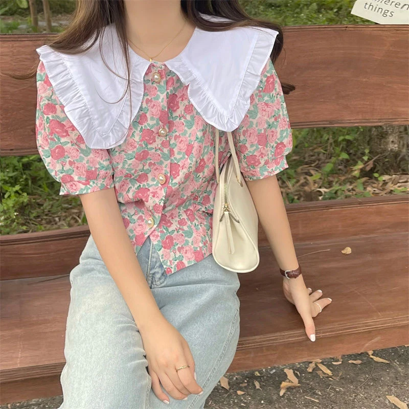 

Sweet Floral Shirts Women Vintage Ruffled Peter Pan Collar Short Sleeve Blouses Korean Fashion Casual Chic Thin Tops Summer New