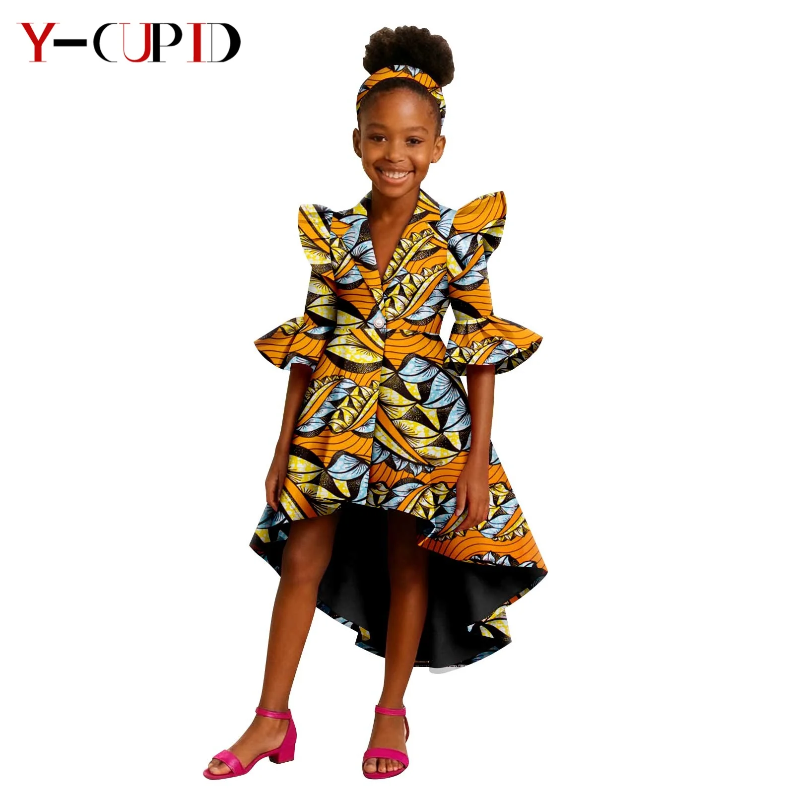 African Print Dress for Kids Girls Dashiki Petal Sleeve Pearl Button Dresses with Headwrap African Children Clothing 2544001