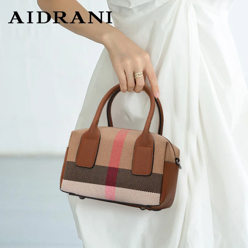 Canvas Cowhide Spliced Mini Handbag Plaid Print Double Adjustable Strap Multi Pocket Ladies Crossbody Bag Daily Travel Shopping