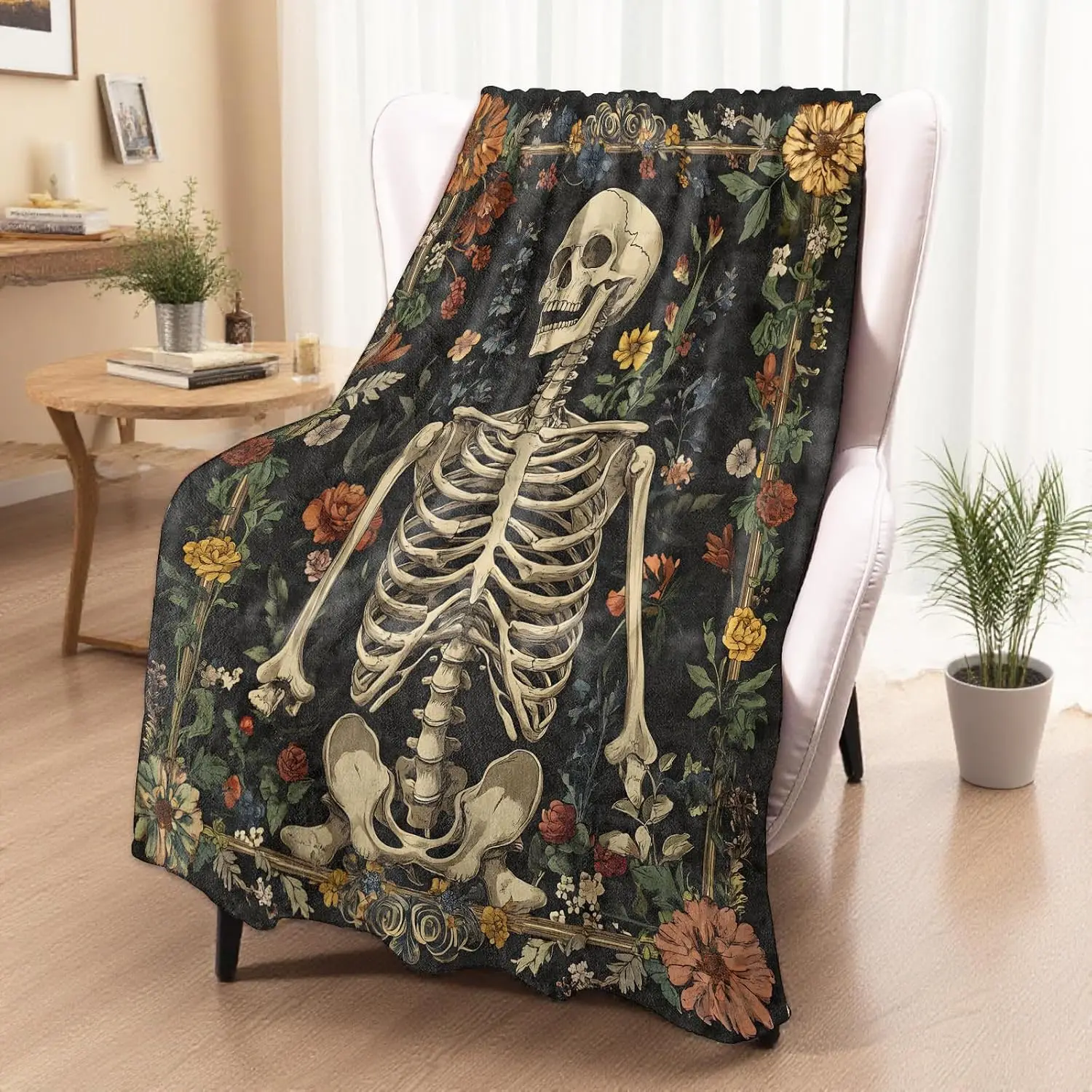 Retro Dark Floral Wreath Human Skeleton Antique Border Fluffy Blanket Soft Warm Cover Couch Office Picnic Halloween Decor Gift
