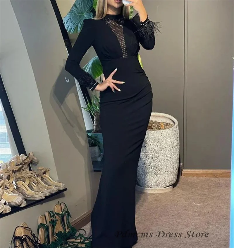 SSYTENS Arabic Women Evening Dresses Modest High Neck Long Sleeve Feather Ankle Length Silk Prom Gowns Shiny Wedding Party Simpl