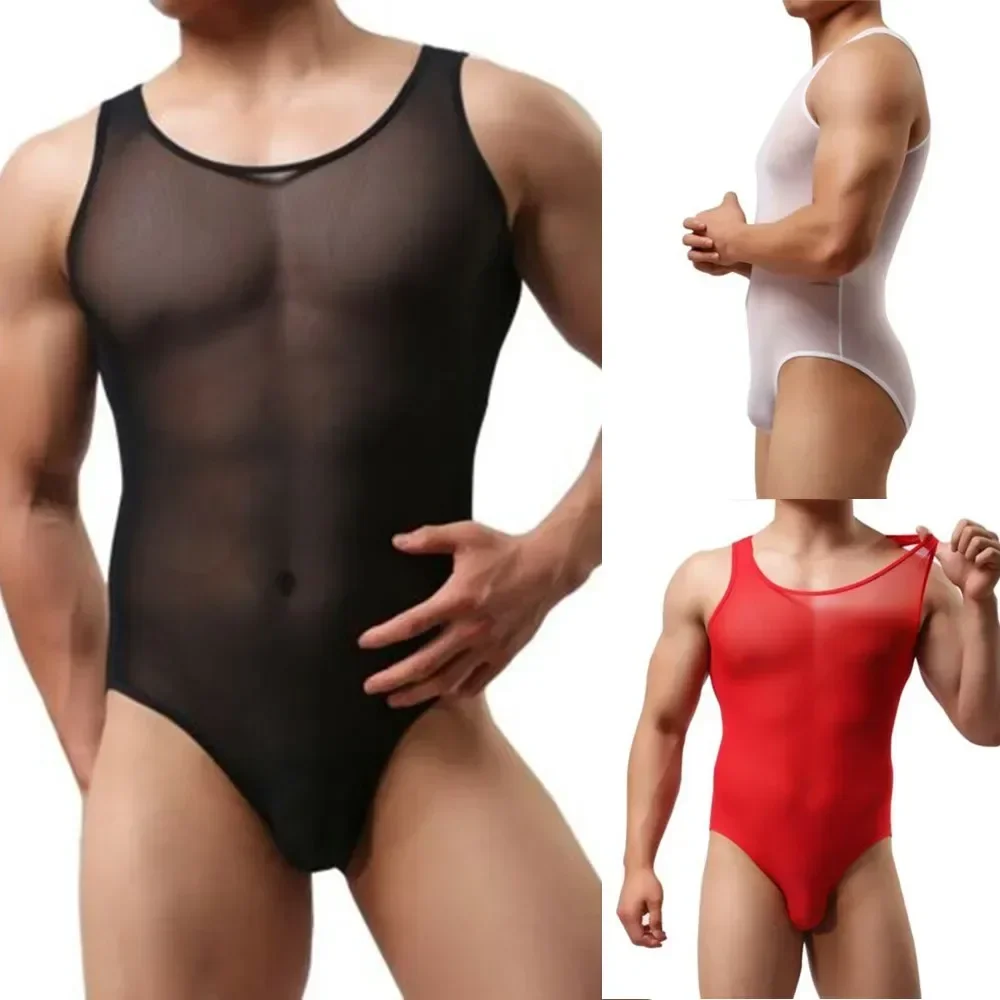 Men Leotard Sissy Solid Breathable Transparent Elastic Bodysuit Sheer Jockstrap Bulge Pouch Gay Erotic Lingerie Underwear