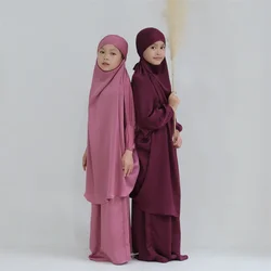 여아용 가운, 이슬람 의류, 두바이 무슬림 의상, 머리 위 히잡 아바야 키마르 스커트, 라마단 이드 드레스, 2 피스 세트