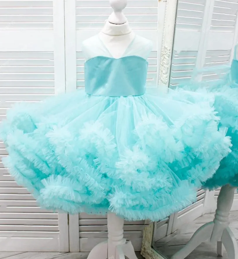 

Extra Puffy Light Sky Blue Flower Girl Dresses Ruffles Ball Gown V Neck Sleeveless Birthday Party Gown Photography