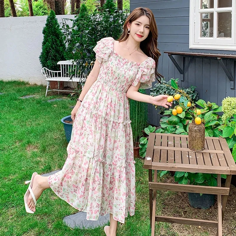 2024 Summer Women Dress Bohemian Floral Pleated Chiffon Dress Vintage Puff Sleeve Printed Draped Midi Beach Dresses Vestidos