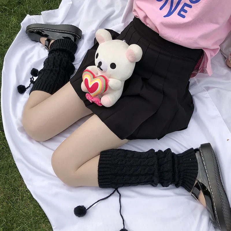 النمط الياباني الشتاء الجوارب الدافئة لوليتا الدافئة الساق جوارب محبوكة كرة صوف محبوك القدم يغطي تدفئة الساق مع كرات للنساء #5