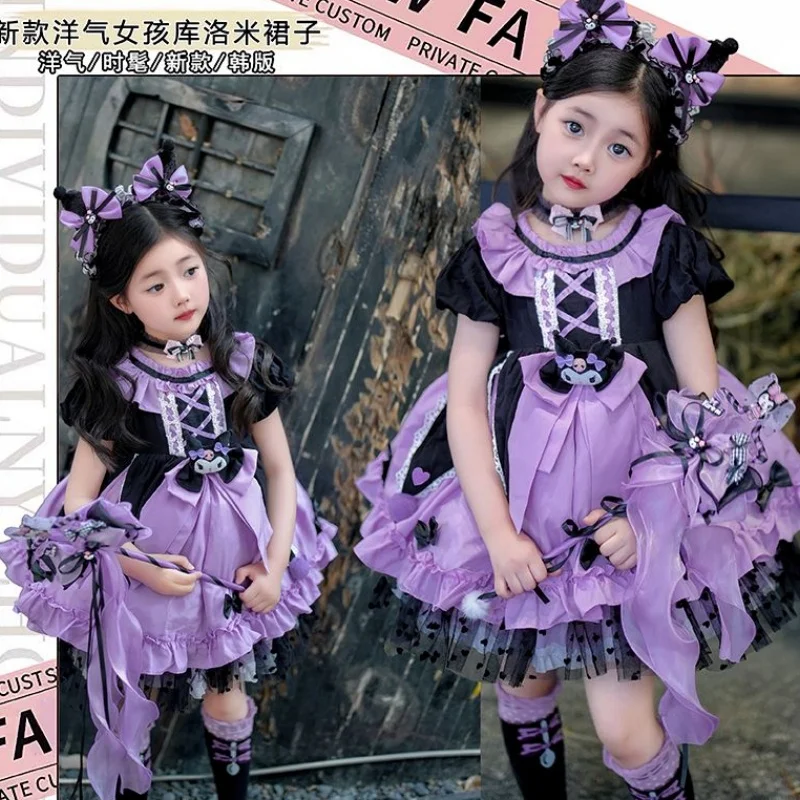 2024 Cute Cosplay Kuromi Lolita Princess Dress Children Costume Short Sleeve Dress Puffy Skirt Suit Kawaii Girl Birthday Gifts