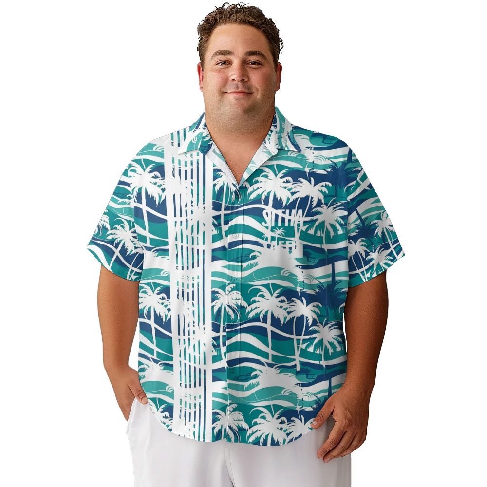 2024 new  Men's shirts plus size Summer holiday waves coconut tree vertical bar printed clothing casual short-sleeved