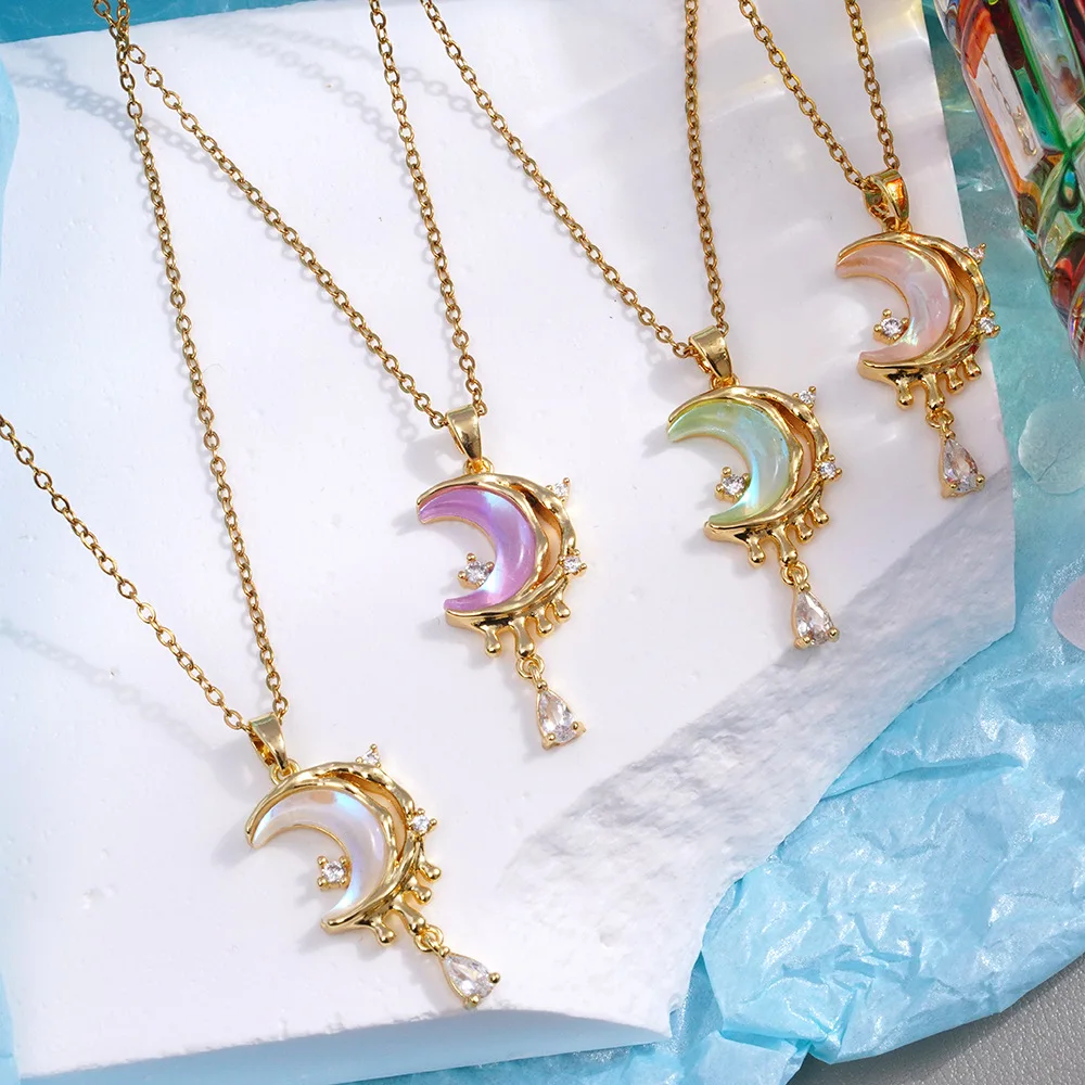 8pcs/set Moon Stainless Steel Chain Necklace Korea Colorful Glazed Stone Pendant Necklaces for Women Fashion Jewelry