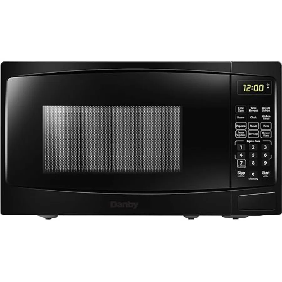 

0.9 cu ft Countertop Microwave in Black with 6 Auto Cook Options: Popcorn Potato Pizza Frozen Vegetables Beverage Dinner Plate