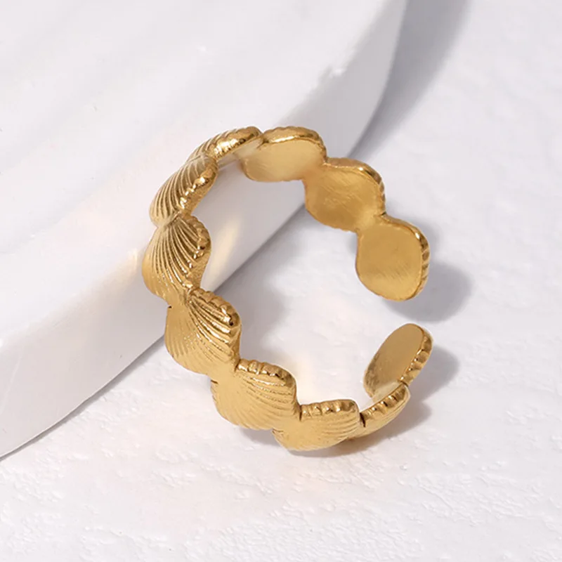 OIMG 316L Stainless Steel Gold Plated Not Fade Vintage Metal Shell Shaped Open Adjustable Rings For Women Girls Bohemian Jewelry