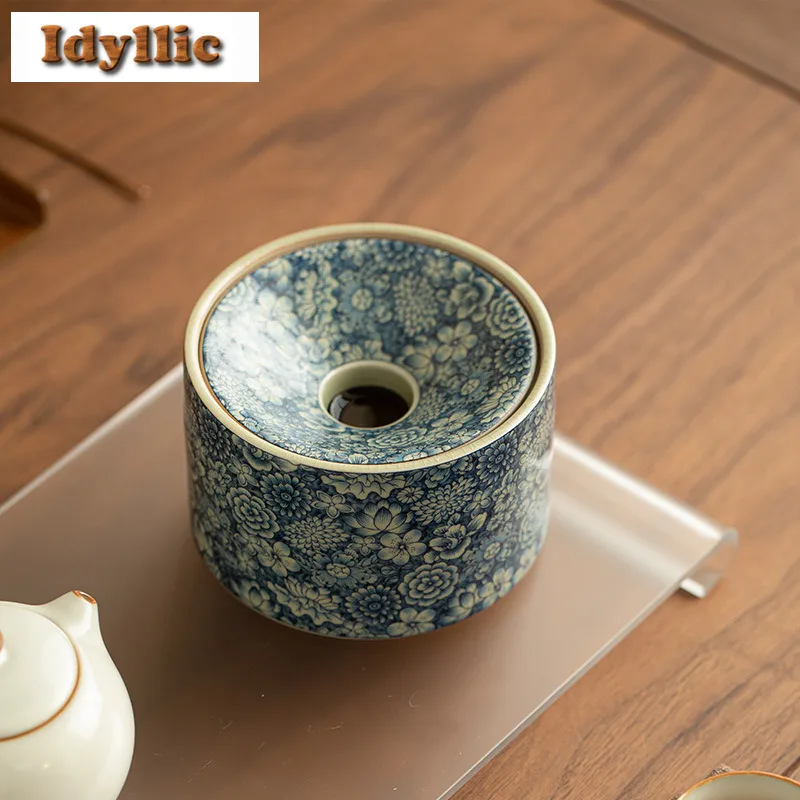 

500ml Ru Kiln Blue And White Peach Blossom Jianshui Tea Wash Bowl Tea Dust Cylinder Barrel Chaxi Tableware Supplies Decoration