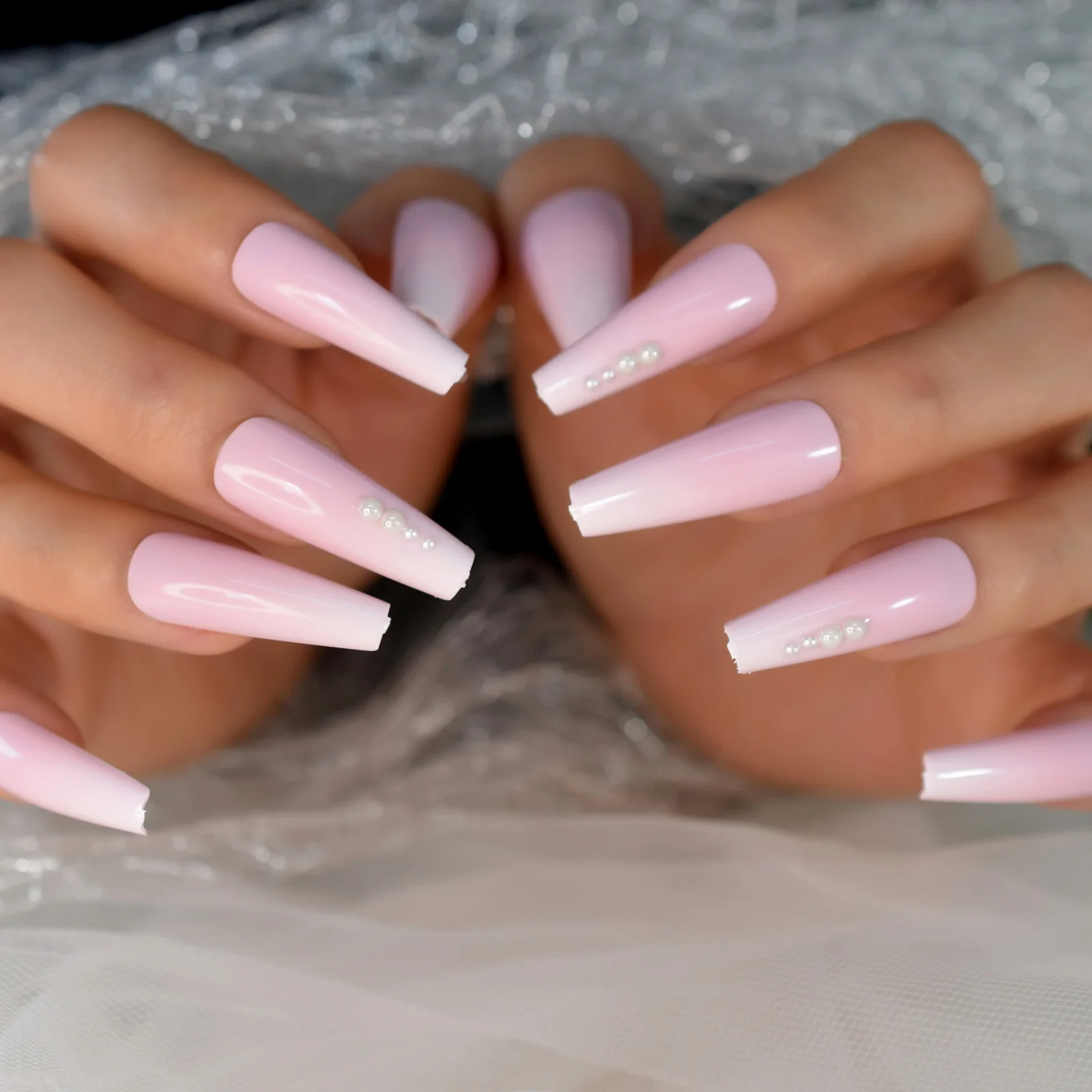 Pearl Pink Fading Nails Coffin Medium Size Wholesale Fake Nails Coffin Shape Manicura Stick On Nails With Tabs 24pcs Set