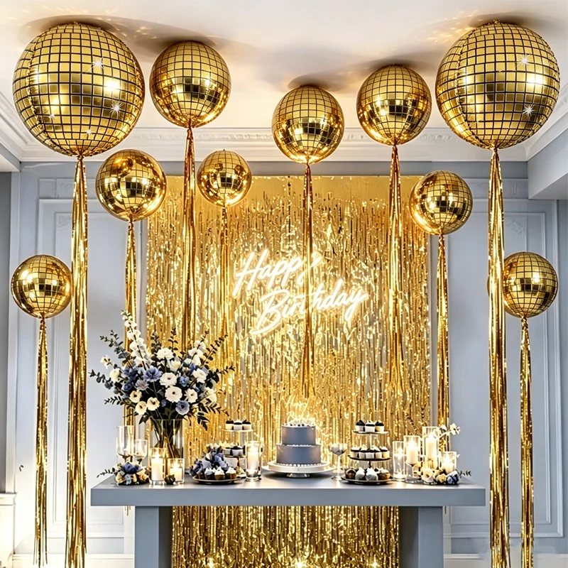 Goldenes Disco 4D-Ballon-Set mit goldenen Seidenregenvorhängen, geeignet für Geburtstagsfeiern, Hochzeiten, Tänze und Partydekorationen.