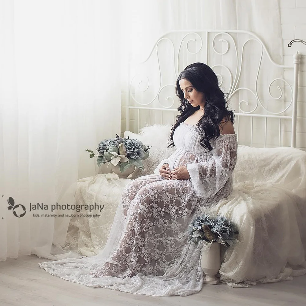 Maternity Photography Dress One Shoulder Long Sleeved Lace Dress Pregnant Women Photoshoot Gown Dresses For Baby Showers