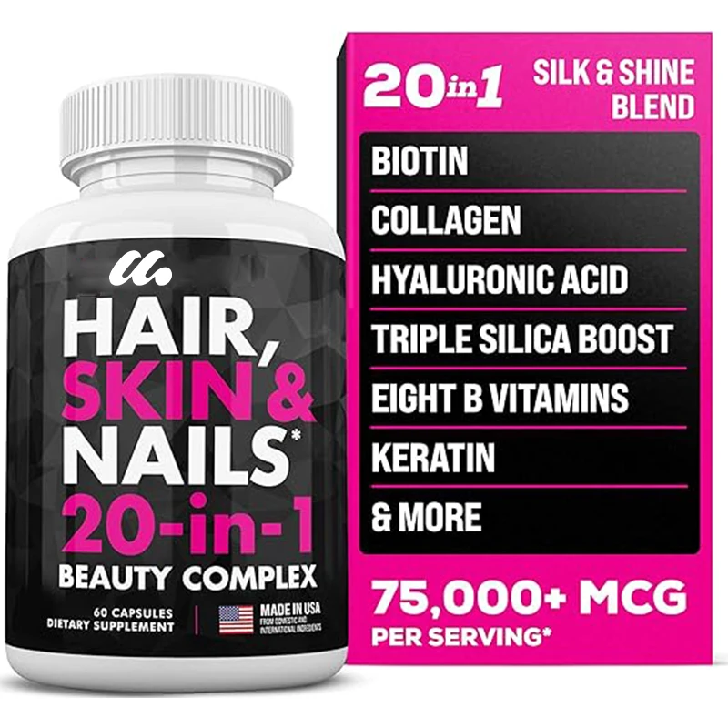 Biotina 10000mcg, colágeno, sílice, ácido hialurónico y queratina, vitaminas para el cabello, la piel y las uñas, favorecen el crecimiento del cabello