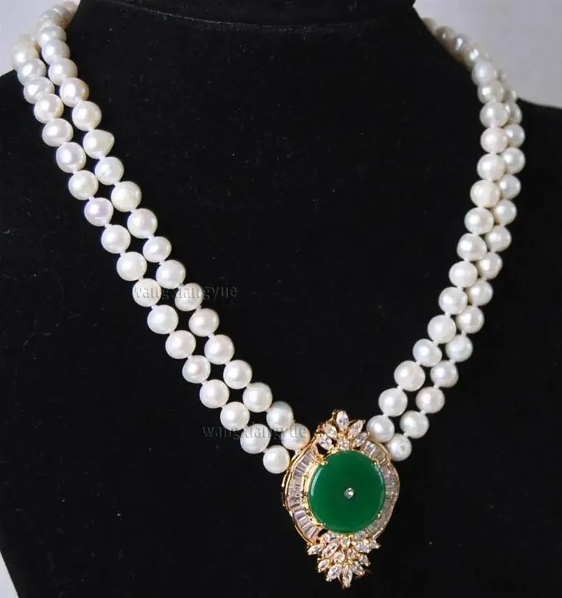 Fashion jewelry   Beautiful 2Rows White Pearl Green Jade Pendant Necklace