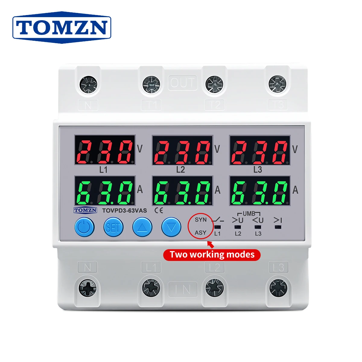 TOMZN 3 Phase DIN Rail Adjustable Over Under Voltage Current Limit Protection Relay Protector SYN ASYNC Synchronous Asynchronous