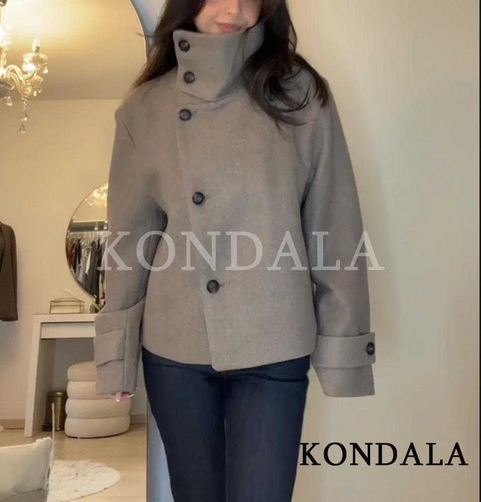 

KONDALA Fall Commute Blended Stand-collar Jacket Women Elegant Chic Buttons Jacket Coat 2026 Spring Fashion Casual Female Jacket