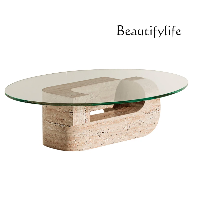 Natural travertine coffee wabi wind living room oval glass coffee table light luxury high-end tea table table