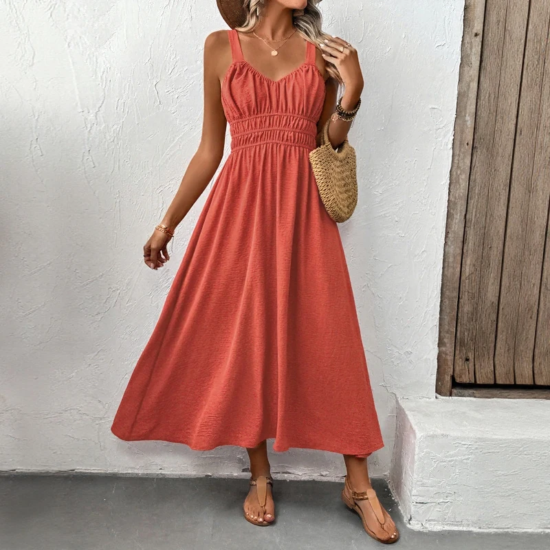 Dames kastanjebruine cami midi-jurk met gesmokte taille, mouwloos, casual zomervakantie, dagelijks feest, Boho