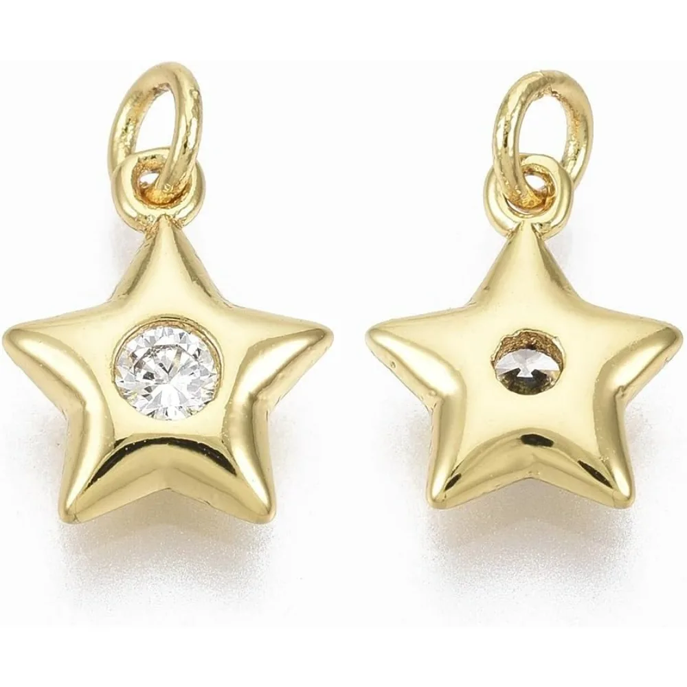 5 pc Brass Micro Pave Cubic Zirconia Charms with Jump Ring Star Clear Real 18K Gold Plated 11x8.5x2.5mm Hole: 2mm