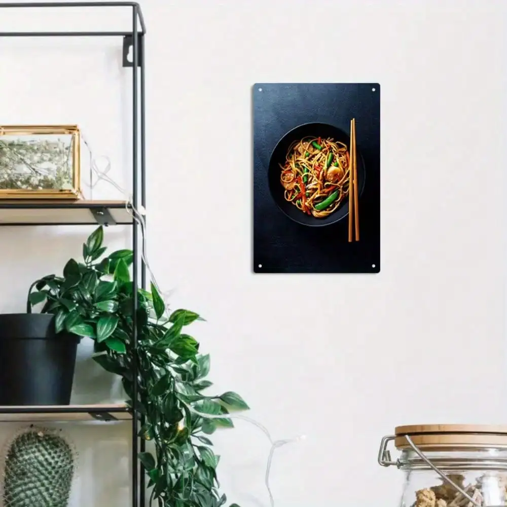 Letrero de hojalata para fideos fritos, decoración de comida asiática para cocina, deliciosas fideos con verduras/pimentón, 8x12 pulgadas/20x30cm, 1 ud.