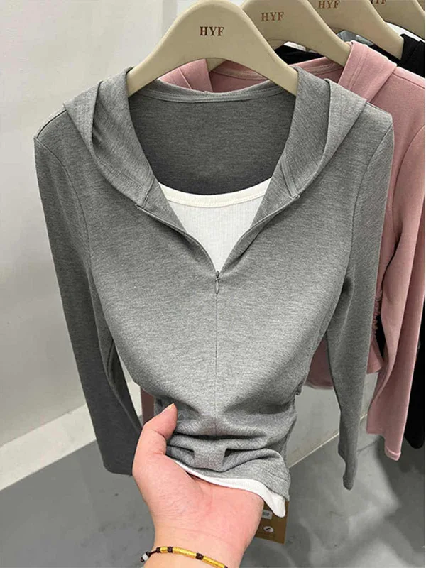 Damska długa bluza z kapturem, patchworkowy dół, nowa kolekcja wiosenna, swobodny styl, wygodna, włókno poliestrowe, zapinana na zamek.