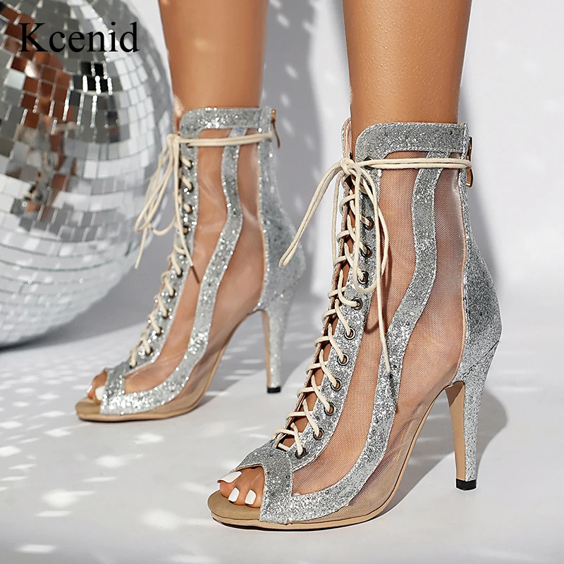 

Kcenid New Women Bling Shoes Silver Glitter Dance Boots Women Party Fish Mouth High Heel Latin Ballroom Shoe Girls Dancing Shoes