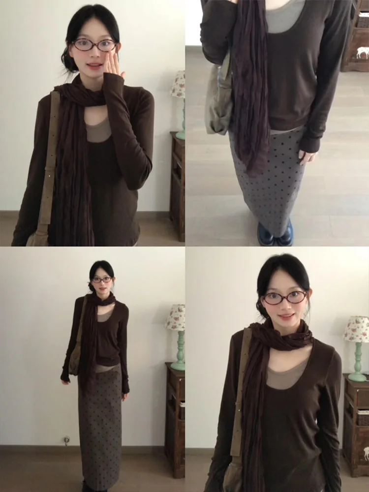 Retro American Splice Color Blo Long Sve T-shirt da donna Autunno Lazy Fit Abbigliamento interno Base irt Top V-ne Lunghezza regolare