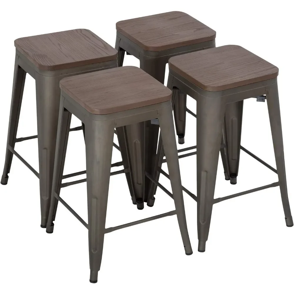 Bar Stools Set of 4 Counter Height Wood Seat Barstool Industrial Bar Chairs Patio Stool Stackable Backless Stool Indoors