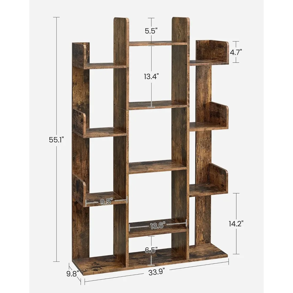 Tree-Shaped Bookcase with 13 Shelves, Rounded Corners, 9.8 x 33.9 x 55.1 Inches, Rustic Brown