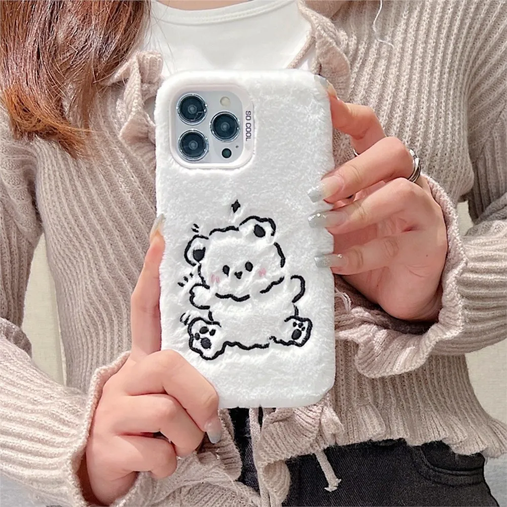

Luxury Simple Bear Fluffy Fur phone case protection for iPhone 11 12 13 14 16 15 17 Pro Max 15 Plus 17air X Lovely Plush Coque