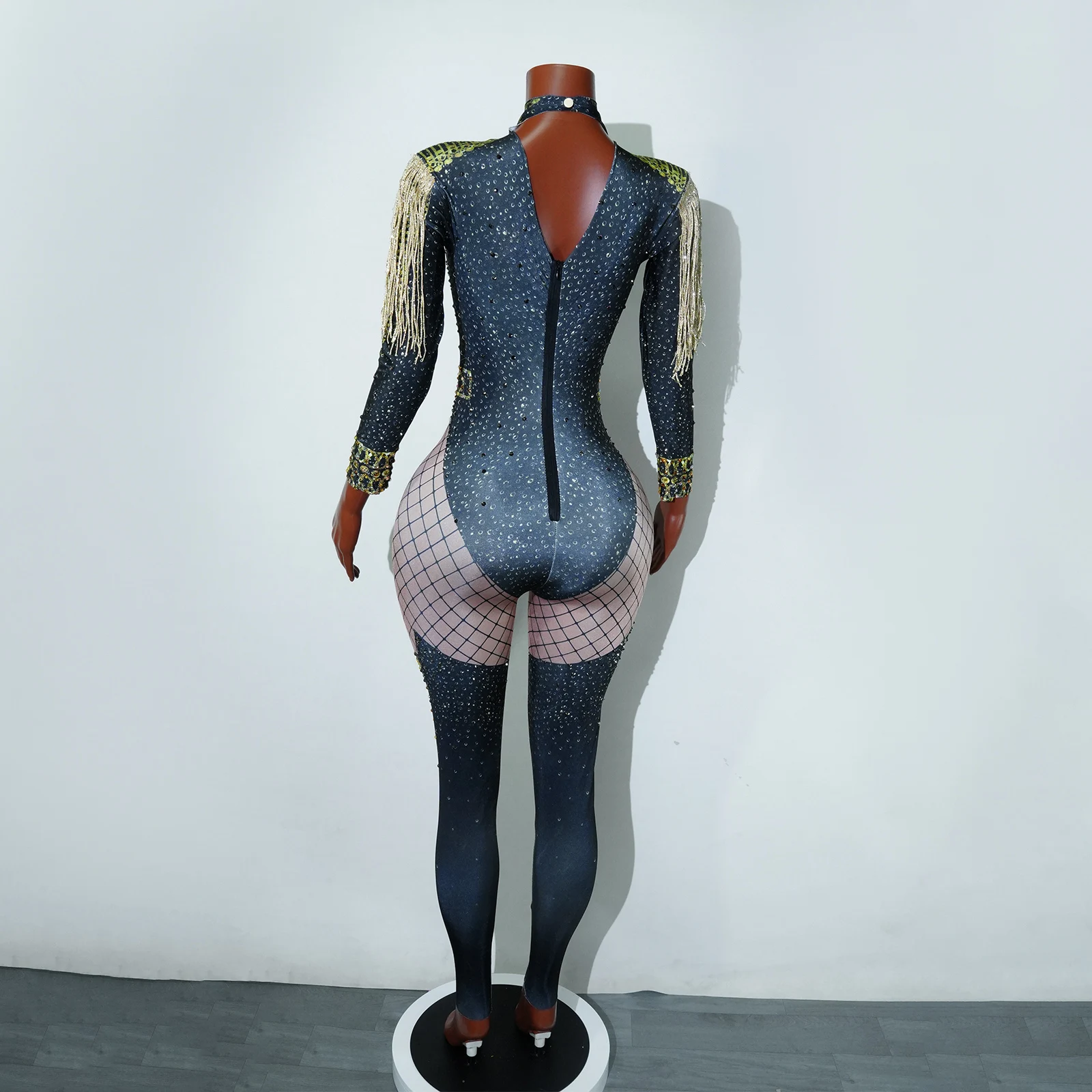sexy strass scintillanti frange oro body tuta pole dance cantante discoteca performance sul palco costume drag queen abbigliamento