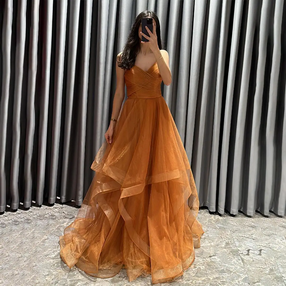 

Elegant Dusty Orange Evening Dresses 2025 Spaghetti Straps Tulle Ruffles Long Party Dress Gala Women Luxury Formal Evening Gowns